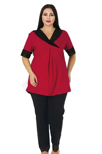 quilling Red - Black Color Large Size Pajamas Set - Lady 403 Short Sleeve Oversize Pajamas Set