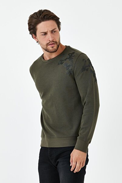 ENQUE Ανδρικό μακρύ φαρδύ χειμερινό χακί φούτερ με λαιμόκοψη