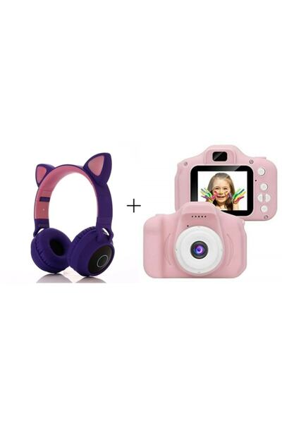 whitetech Çocuk Özel Set Pembe Mini Hd Çocuk Dijital Fotoğraf Makinesi + Kedi...