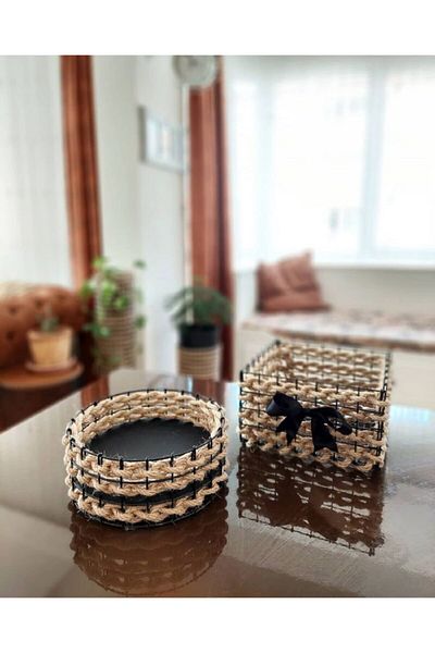 Egindra Decorative Natural Wicker Jute Rope Woven Mini Basket-Napkin Holder Round and Square Special Set of 2