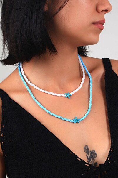 Karlay قلادة مزيج من الخرزة الزرقاء والبيضاء على شكل نجمة البحر