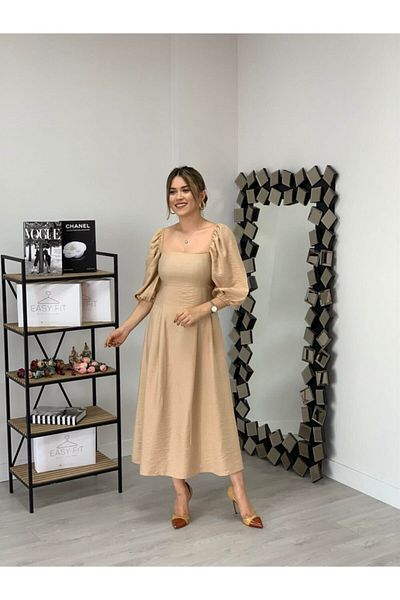 giyimmasalı Φόρεμα Midi από ύφασμα βισκόζης - Κρέμα
