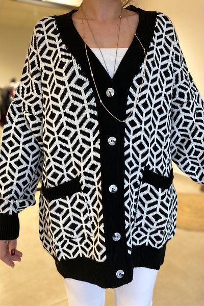 FEMELLE Damă, negru, mărime standard, model geometric, buzunar dublu, cu nasturi, tricotaj supradimensionat, cardigan lung