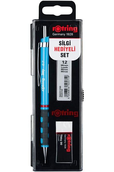 Rotring Tikky 0.7mm Mechanical Pencil - 2B Nib and Medium Eraser Set, Light Blue