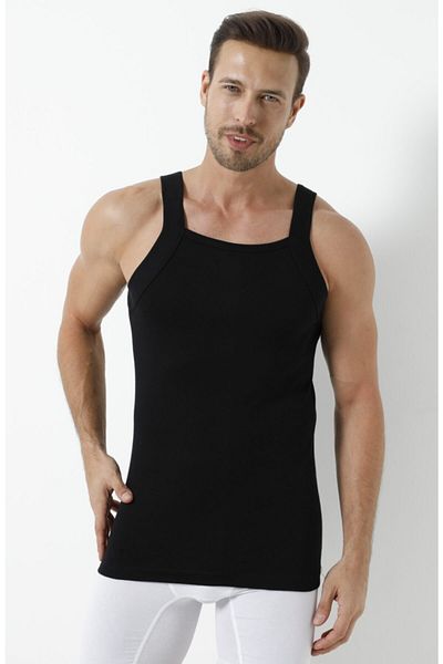 Disa 100% Cotton Ribbed Men's Black Wide Rib Tank Top Pack of 3