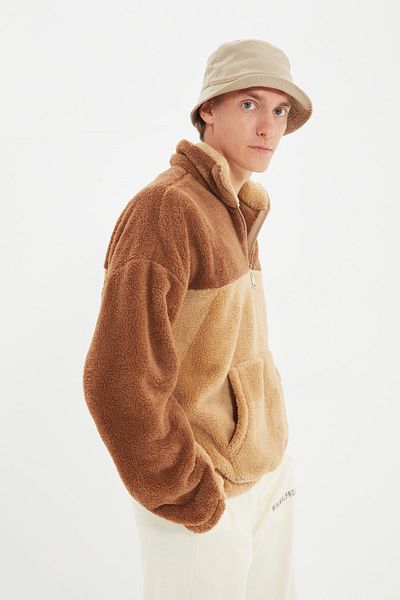 Trendyol Collection Unisex-Kamel-Oversize-Plüsch-Sweatshirt – Farbblock, warm TMNAW22SW1477