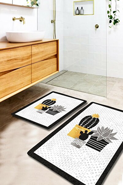 Resmiro Gold Tropical Sarı Gri Siyah Kaktüslü Yıkanabilir 2li Banyo Halısı Pa...