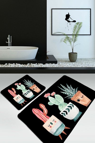 Resmiro Happy Cactus Djt Siyah 2 Li Set Banyo Halısı Takımı, Klozet Paspası