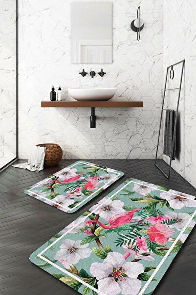 Resmiro Flamingo Ve Beyaz Çiçek Banyo Paspası