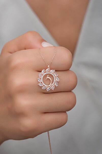 Nereze 925 Ayar Gümüş Rose Zirkon Taşlı Anka Kuşu Kolye