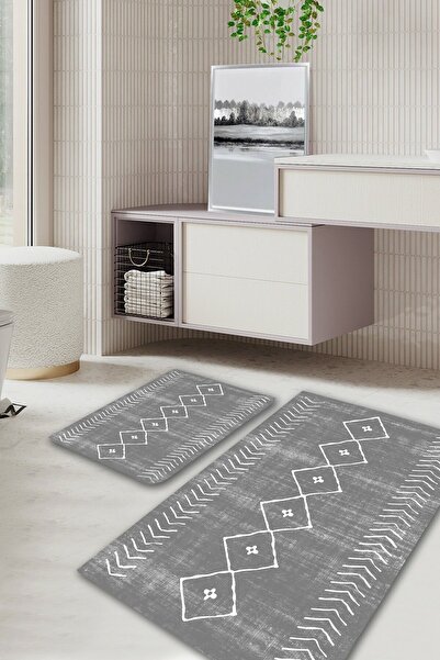Resmiro Grey Bohemıan Gri Beyaz Iskandinav Tarz Yıkanabilir 2li Banyo Halısı ...