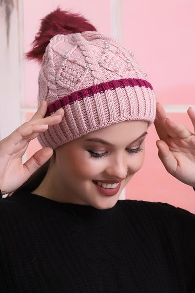 Deafox Pink Folded Women's Stone Detail Beret