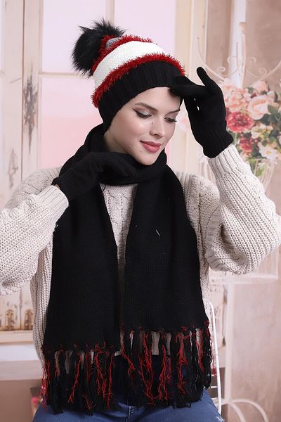 Deafox Set de mănuși cu eșarfă cu detaliu cu ciucuri negre