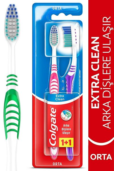 Colgate Middle Toothbrush Extending to Back Teeth with Extra Clean Tongue Cleaner 1+1
