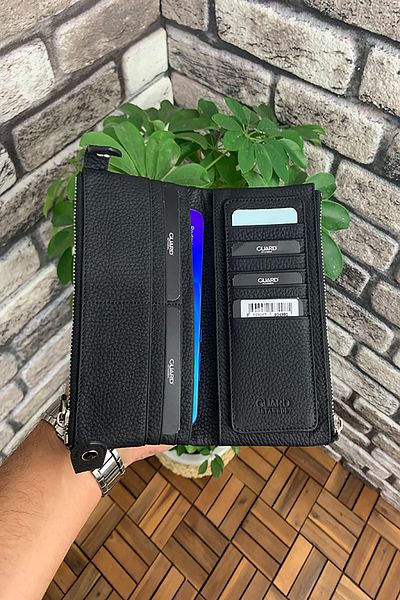 GUARD Black Matte Double Zippered Leather Women's Wallet with Phone Compartment