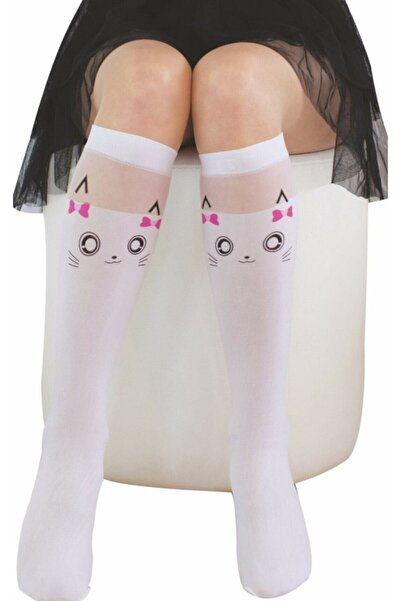 DAYMOD ÇORAP Момичешки бели памучни чорапи до коляното с шарка