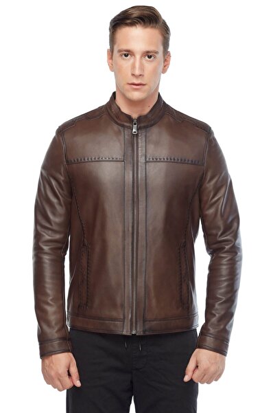 Deriza Spor Dikişli Klasik Deri Mont Kahve