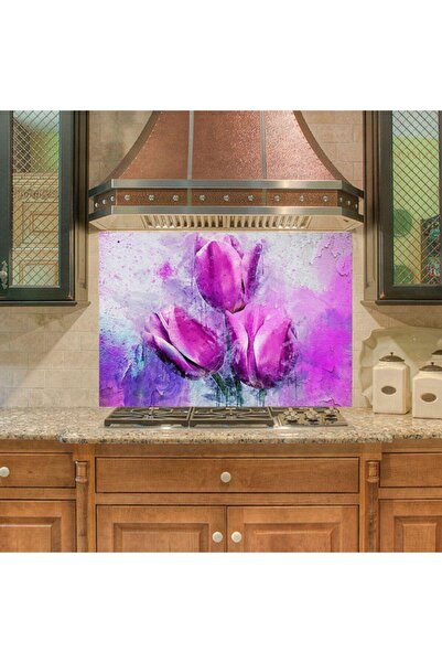 StickerArt Mutfak Duvar Tezgah Arası Ocak Arkası Sticker Kaplama Mor Lale