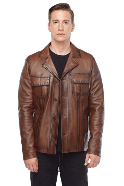 Deriza Shark Puntolu Erkek Deri Mont Taba