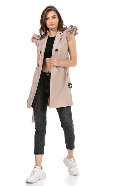 DISENTIS MODEST Mono Collar Double Breasted Covered Sleeve Frilly Covered Filet Pocket Belted Lined Beige Vest