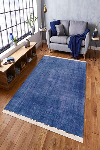 Modern home Lacivert Püskül Detaylı Dijital Baskı Salon Halısı Yıkanabilir Ka...