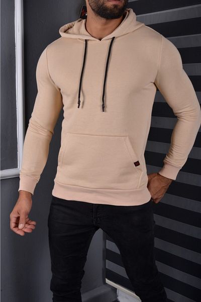 Tanzanit Men's Beige Hooded Unzippered Kangaroo Pocket Quality and Stylish Sweatshirt Autumn Winter