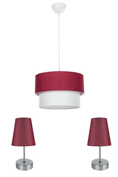 EvLight Yatak Odası 3 Lü Aydınlatma Seti Krom Ayak / Bordo Şapka