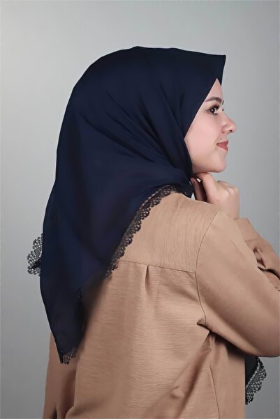 Gültopu Eşarp & Şal Iğne Oyalı Dantel Güpürlü Tülbent, Lacivert Renk Baş Örtü...