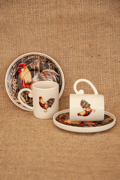 Bursa Porselen Dekor Black Rooster Pattern Coffee Cup Set for Two