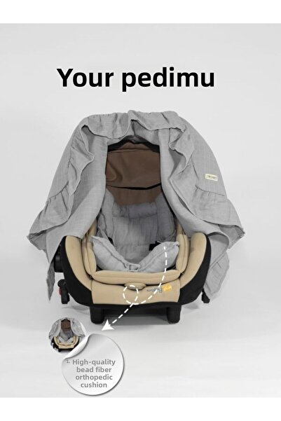 Pedimu Muslin Gray Color Ruffle Detailed Stroller Cover and Stroller Cushion Set