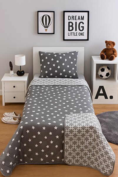VİLERA HOME Gray Color Star Chain Pillowcase Single 155*215 Two-Way Multi-Purpose Bedspread