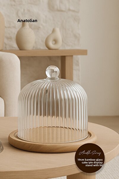 Anadolu Saray 19cm Bamboo Wooden Base Glass Lid Cake & Pastry Presentation Holder Bell Jar Serving Presentation Holder