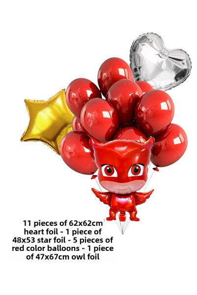 Evabrite Pijamaskeliler Foil Balloon Set - Owl Girl - Heart and Star Birthday Party Set