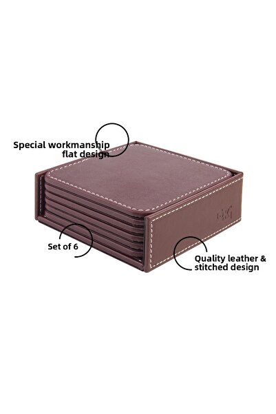 2K Coasters, Set of 6, Desktop Square Cup Coaster, Vegan Faux Leather, 11X11 Cm., Burgundy