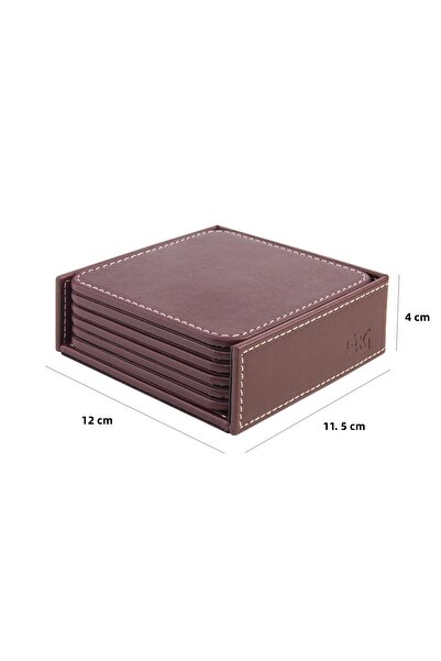 2K Coasters, Set of 6, Desktop Square Cup Coaster, Vegan Faux Leather, 11X11 Cm., Burgundy