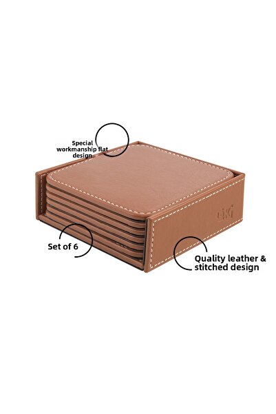 2K Coasters, Set of 6, Desktop Square Cup Coaster, Vegan Faux Leather, 11X11 Cm., Tan