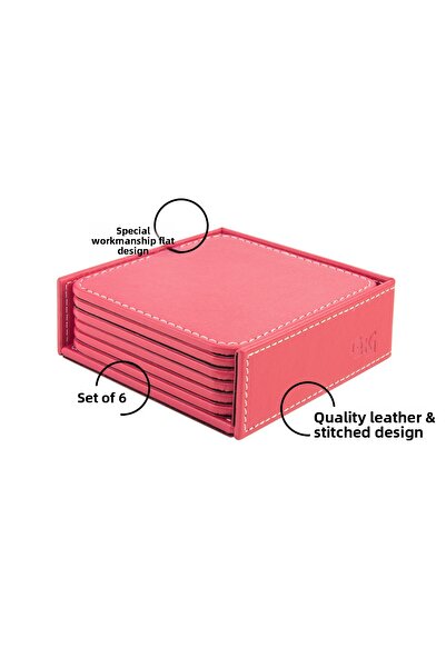 2K Coasters, Set of 6, Desktop Square Cup Coaster, Vegan Faux Leather, 11X11 Cm., Fuchsia