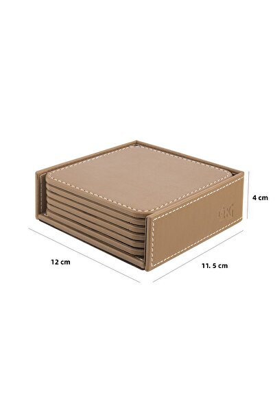 2K Coasters, Set of 6, Desktop Square Cup Coaster, Vegan Faux Leather, 11X11 Cm., Mink