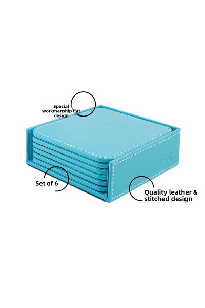 2K Coasters, Set of 6, Desktop Square Cup Coaster, Vegan Faux Leather, 11X11 Cm., Turquoise