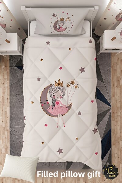 Talia Home Girl Sitting on the White Moon Single Children's Quilt Sleeping Set