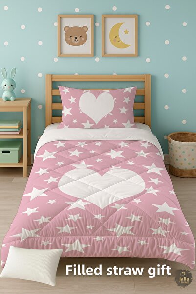 Talia Home Pink Heart Patterned Single Children's Quilt Sleeping Set Tlag-118