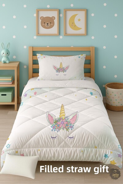 Talia Home White Unicorn Patterned Single Children's Quilt Sleeping Set Tlag-076