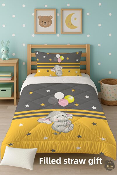 Talia Home Yellow Balloon Elephant Patterned Single Children's Quilt Sleeping Set Tlag-188