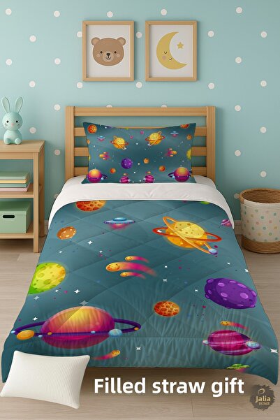 Talia Home Galaxy Planets Patterned Single Children's Quilt Sleeping Set Tlag-124