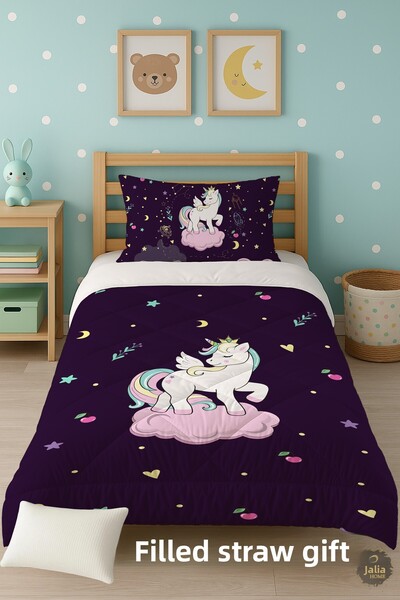 Talia Home Set de dormit cu pilota pentru copii cu model unicorn violet TLAG-179