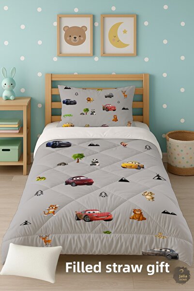 Talia Home Gray Cute Animals Car Patterned Single Children's Quilt Sleeping Set Tlag-229