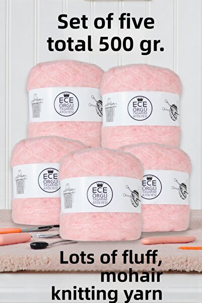 Ece Örgü Tasarım Atölyesi Прасковено розова, пухкава, мохерова прежда за плет...