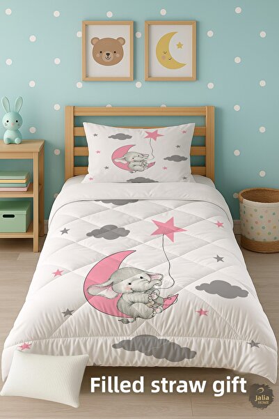 Talia Home Pink Elephant Patterned Single Children's Quilt Sleeping Set Tlag-301