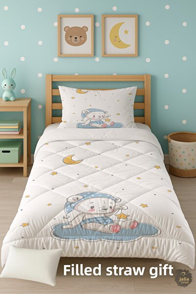 Talia Home Cloud and Teddy Bear Patterned Single Children's Quilt Sleeping Set Tlag-171