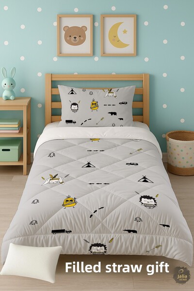 Talia Home Gray Patterned Single Children's Quilt Sleeping Set Tlag-110